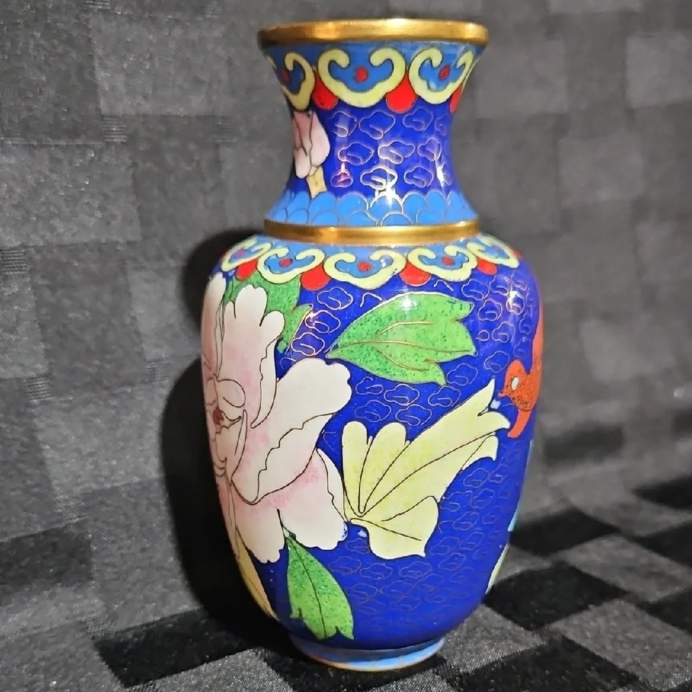 Vtg Chinese Cloisonne Enamel Cobalt Blue Pink Peony Red Bird Floral Vase